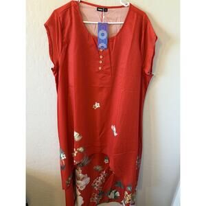 NWT Hekka Dress Womens XXL Red Floral‎ Short Sleeve Button Boho Chic